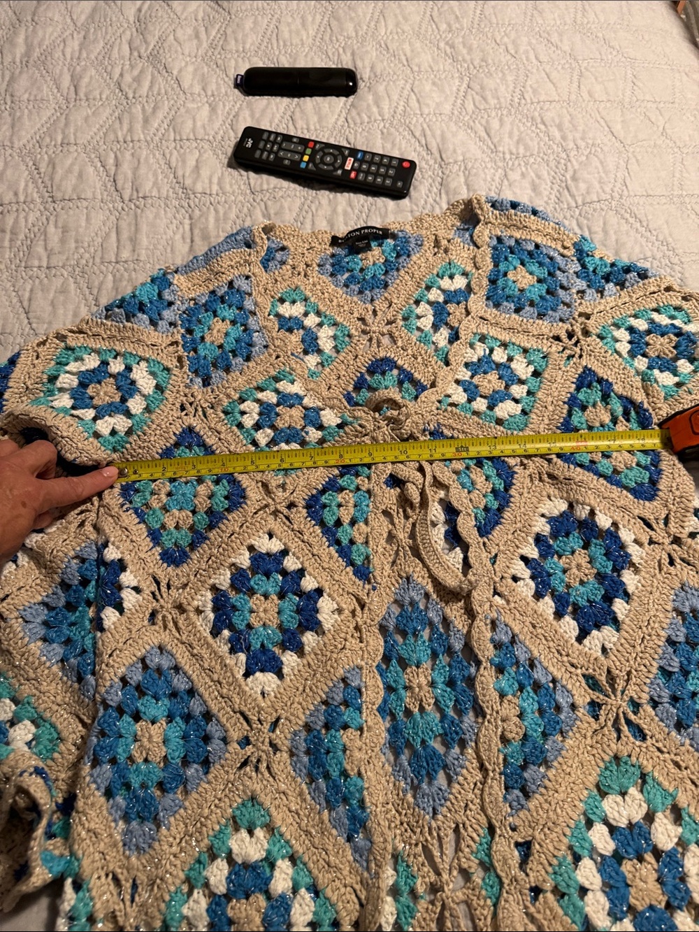 Boston Proper Crochet Open-Front Cardigan in Blue and Cream - Picture 2 of 2